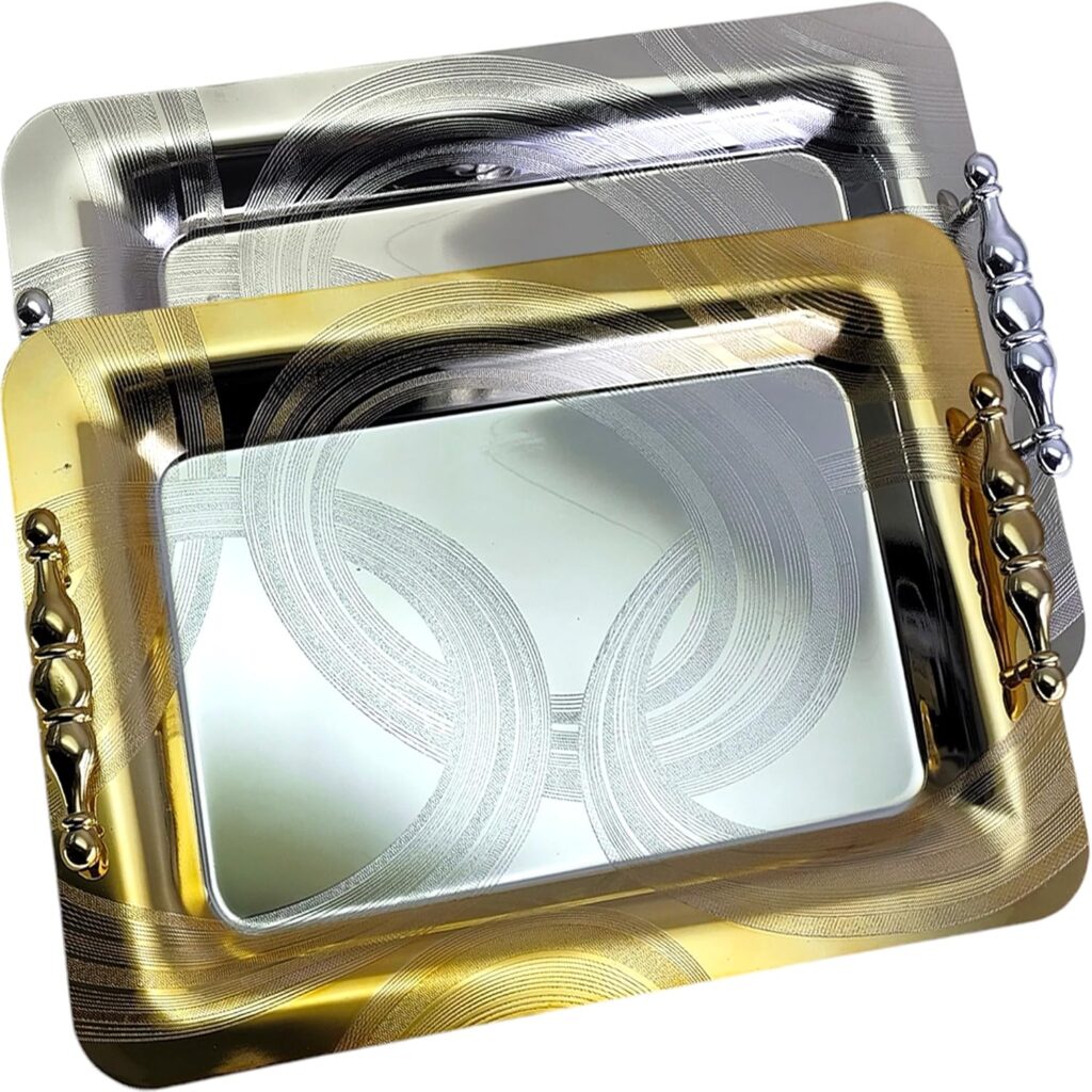 (Pack of 2) 15.7 inch x 11 inch Oblong Chrome Plated & Iron Gold Serving Tray with Handles Stylish Design Floral Engraved Edge Party Wedding Dessert Buffet Wine Platter Plate NC-015