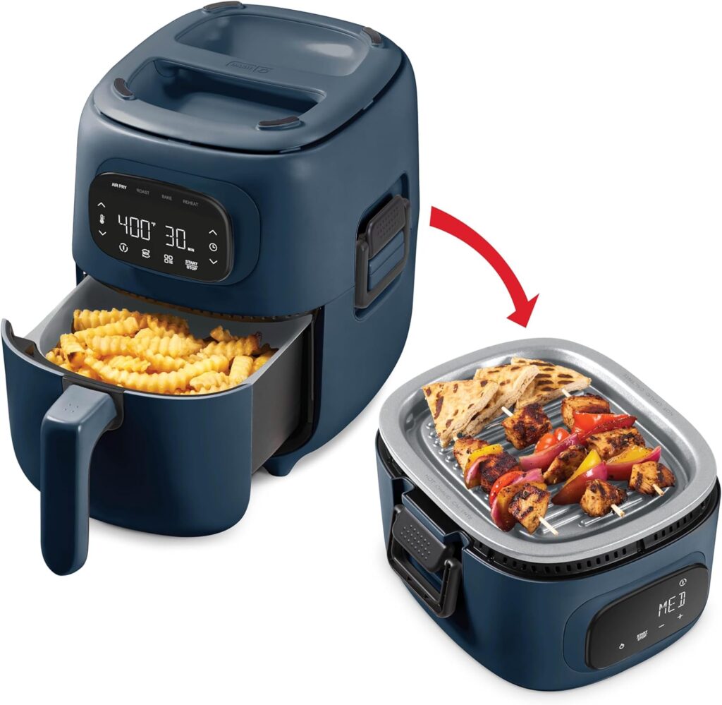 Dash Flip & Fry™ Digital 2-in-1 Grill + Air Fryer with 4 functions, 3 Qt Capacity, Air fryer & Indoor Grill for fries, wings, burgers and more – Navy