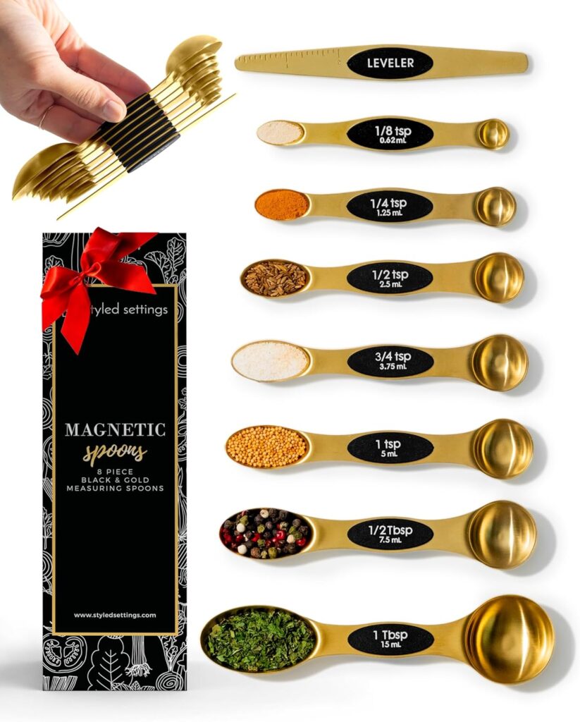 Magnetic Measuring Spoons Set – Stainless Steel Gold Measuring Spoons for Cooking and Baking – Cute and Durable Gold Kitchen Accessories – Great for Gifting