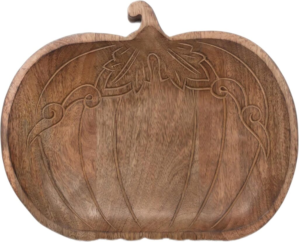 Boston International Mango Wood Tray Fall Decorative Platter, 9.75″ x 7.75″, Engraved Pumpkin