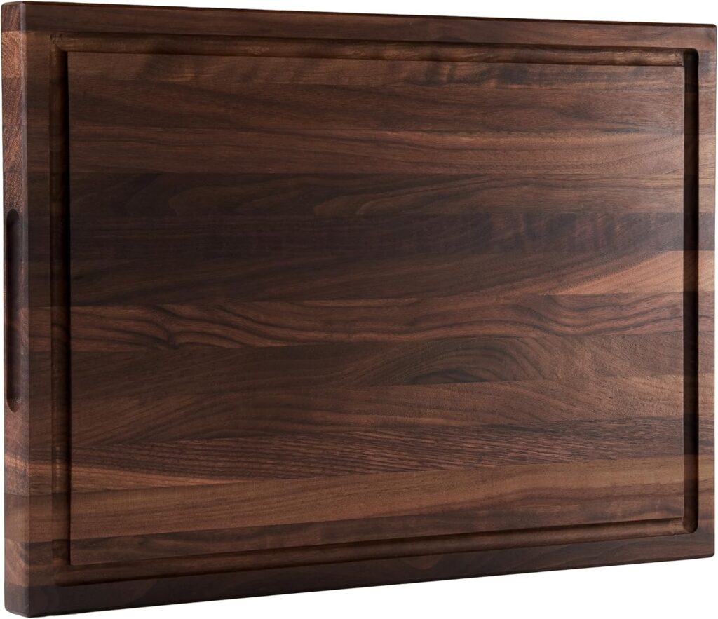 American Dark Walnut Wood Cutting Board 17×12 x1in for Kitchen with Juice Groove, Inner Handles, Gift Box, Thick Wooden Cutting Board Finished with Linseed Oil, Beeswax, Carnauba Wax, Lemon Oil