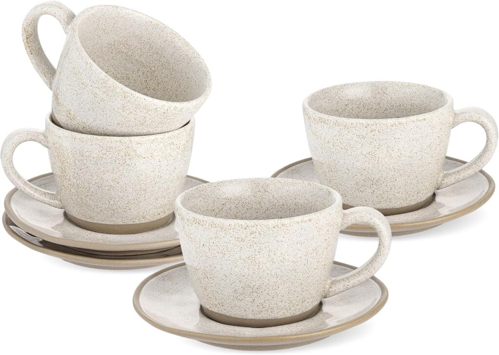 Yedio Stoneware Espresso Cups Set with Saucers, 6 oz Handcrafted Speckled Glaze Coffee Cup and Saucer Set for Cappuccino Latte Coffee Drinks and Tea, Set of 4