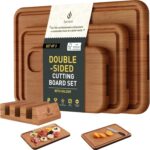3 Packs Bamboo Cutting Board Set with Holder Nice Solid Thick Wood Deep Juice Groove & Built-in Handles Chopping Board Large Big Small Best Hardwood Kitchen Counter Organic Vegetable Meat BBQ Kit