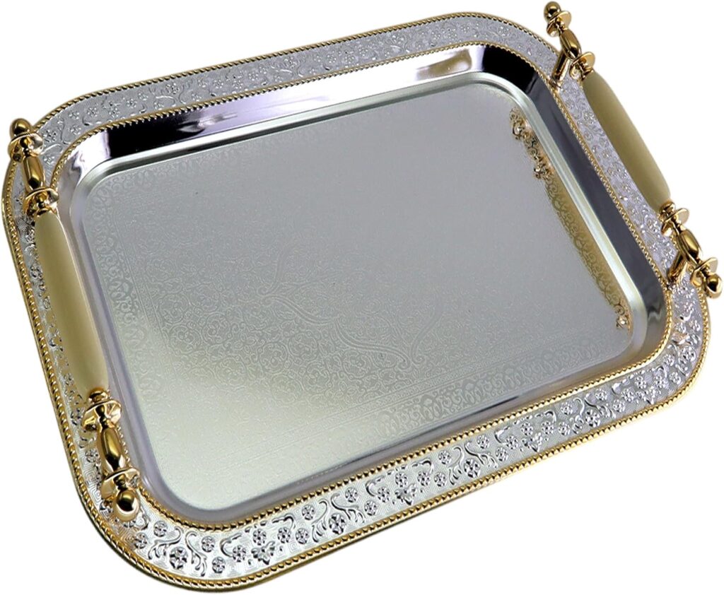 13.5 inch x 9.4 inch Oblong Chrome Plated Silver Serving Tray with Handles Stylish Design Floral Engraved Iron Gold Edge Decorative Birthday Dessert Buffet Platter Plate NC-232
