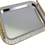 13.5 inch x 9.4 inch Oblong Chrome Plated Silver Serving Tray with Handles Stylish Design Floral Engraved Iron Gold Edge Decorative Birthday Dessert Buffet Platter Plate NC-232