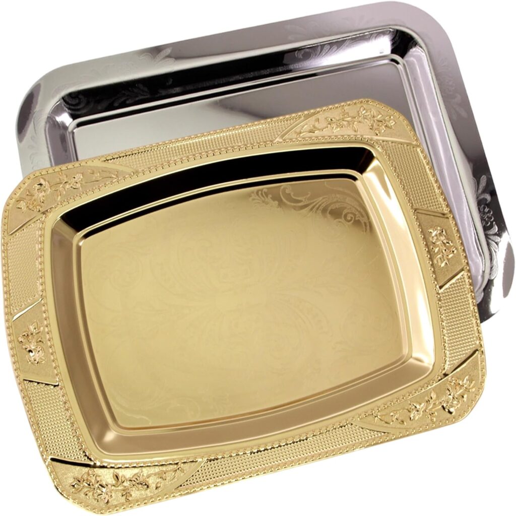 (Pack of 2) 17.1 inch x 12.4 inch Oblong Chrome Plated & Iron Gold Serving Tray in Different Pattern Stylish Design Floral Engraved Edge Wedding Dessert Buffet Platter Plate NC-135