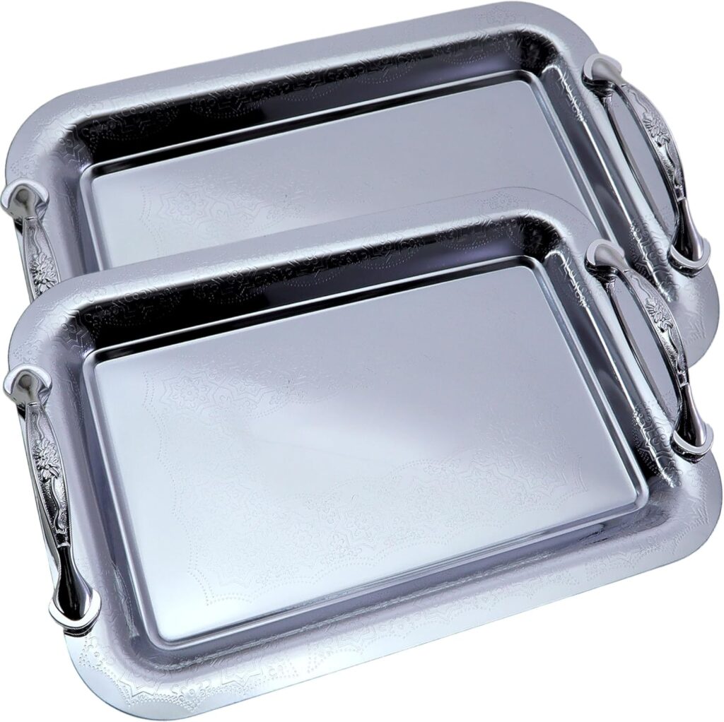 (Pack of 2) 11.4 inch x 7.9 inch Oblong Chrome Plated Mirror Silver Serving Tray with Handles Stylish Design Floral Engraved Decorative Party Wedding Buffet Wine Platter Plate CC-1053