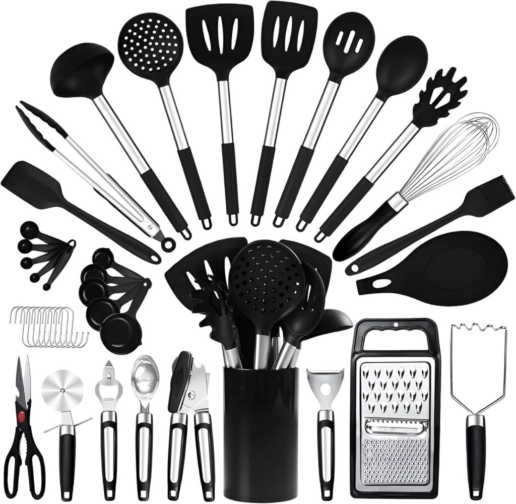 40PCs Silicone Cooking Utensils Set 446℉ Heat Resistance, RFAQK BPA Free Kitchen Utensils Set for Nonstick Cookware, Gadgets includes Can Opener, Potato Smasher,Peeler,Tongs,Spatula Set,Pizza Cutter
