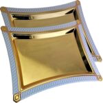 (Pack of 2) 14.1 inch x 10.2 inch Star Shape Iron Gold Serving Tray with Handles Floral Light Blue Edge Engraved Decorative Wedding Dessert Snack Wine Candle Platter Plate Party NC-220