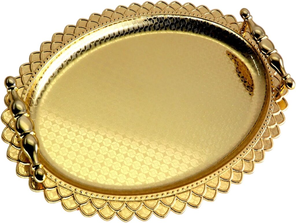 15 inch x 10.8 inch Oblong Iron Gold Plated Mirror Serving Tray with Handles Floral Rainbow Edge Engraved Decorative Party Birthday Dessert Wine Decor Platter Plate Base Dish FST-070