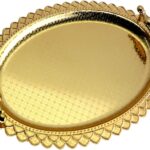 15 inch x 10.8 inch Oblong Iron Gold Plated Mirror Serving Tray with Handles Floral Rainbow Edge Engraved Decorative Party Birthday Dessert Wine Decor Platter Plate Base Dish FST-070