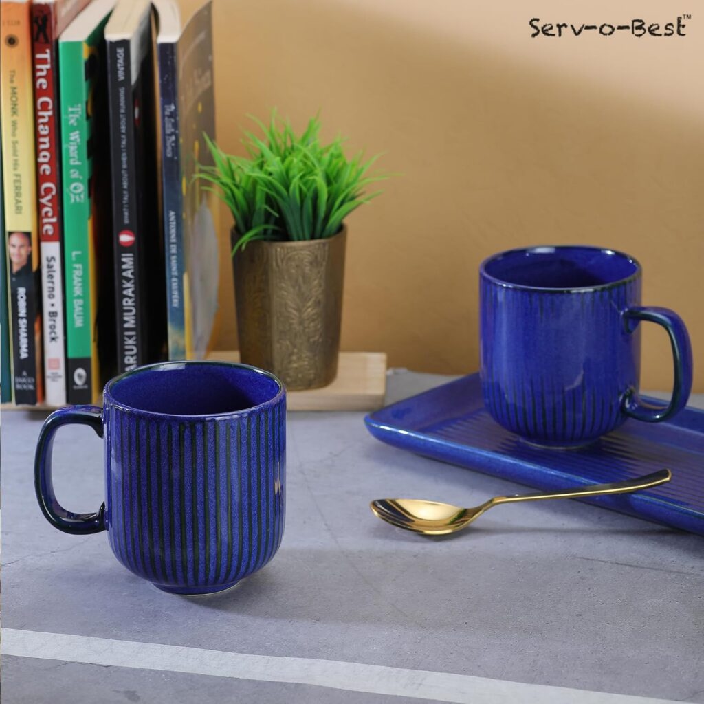 Ceramic Coffee Mugs with Handle Set – 2-Piece 11 Oz Ceramic Coffee Cups & 9″ Tray, Handmade Midnight Blue Color, Microwave Safe Gift Set for Tea Lovers, Home Kitchen Décor