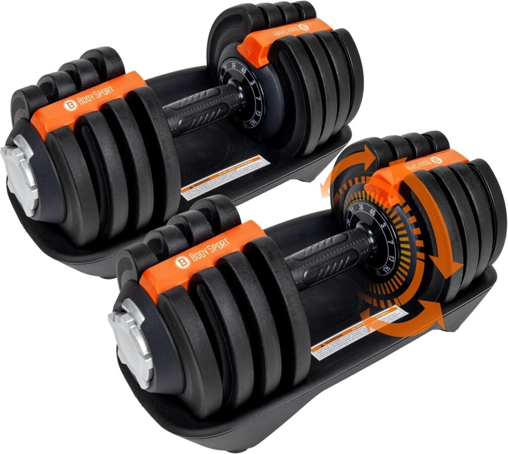 BodySport 40 Pound Adjustable Dumbbells – Includes 12 Free Weights, Ranging from 3 to 40 Pounds, Ideal for Home Gym Workouts and Weight Training