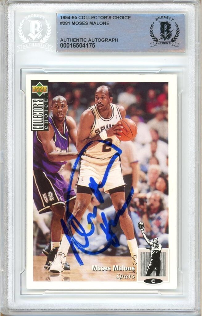 Moses Malone Signed 1994-1995 Upper Deck Collectors Choice Card #281, Beckett Authentic Autograph Slab, San Antonio Spurs Autographed Basketball Memorabilia