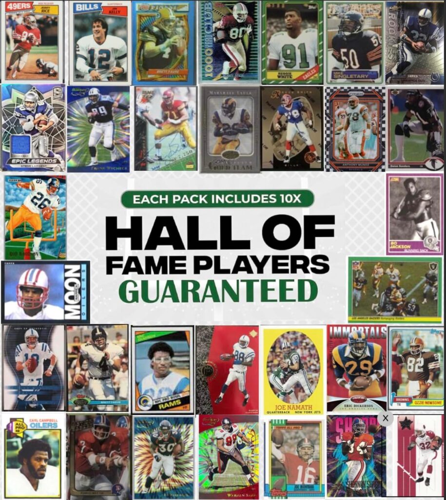 Generic Football Cards Mystery Hot Pack Hall of Famers – 12 Cards – 10x HOF – Look for HOF Rookie Relics, Autos, SP, Color, Parallels
