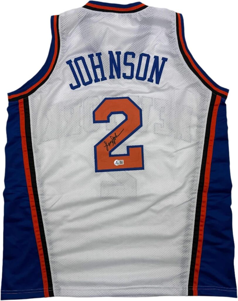 Autographed/Signed Larry Johnson New York White Basketball Jersey JSA COA