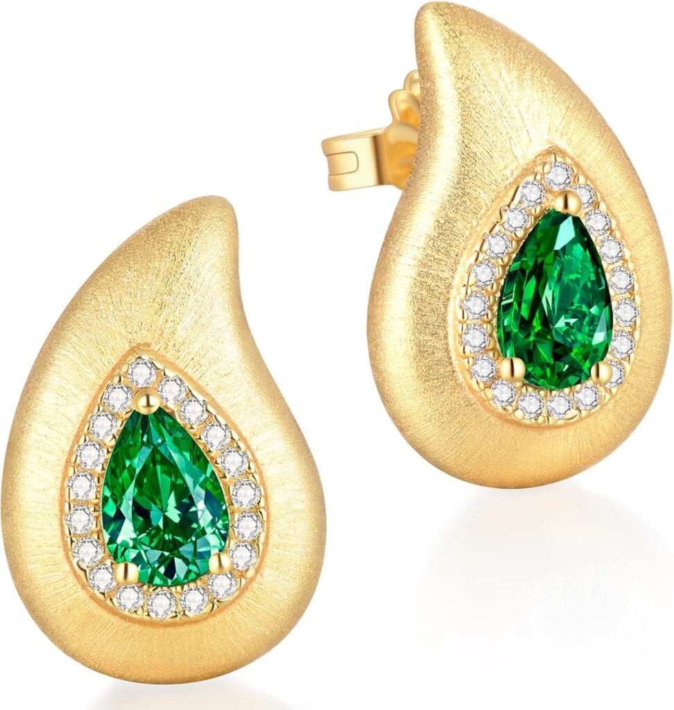 LEONIDS 14K Gold Teardrop Earrings for Women | Moissanite or Lab-Grown Emerald Stud Earrings with Hairline Detailing Non Tarnish | Birthday Jewelry Gifts for Her