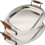 (Pack of 2) 14.6 inch x 10.7 inch Oblong Chrome Plated Mirror Silver Serving Tray with Handles Stylish Design Floral Engraved Edge Decorative Party Buffet Wine Platter Plate GD-210