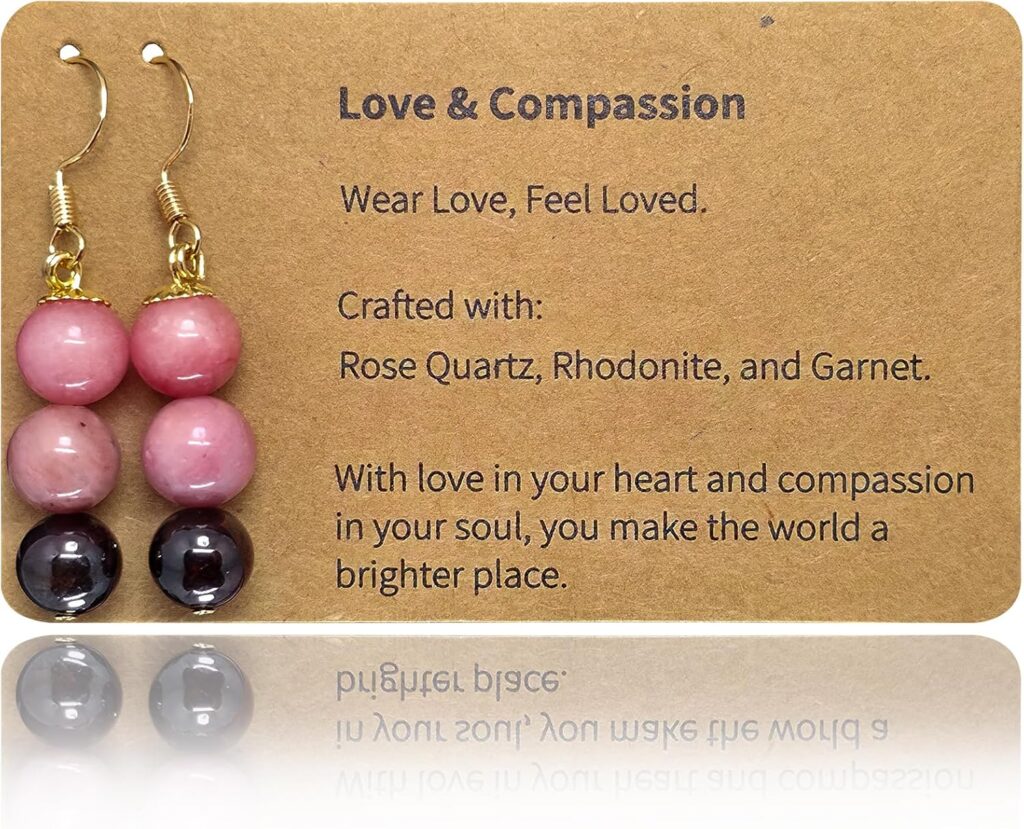 Handmade Crystal Beads Earring with Love & Compassion Symbolic Theme Natural Healing Gemstone Dangle Earrings for Girl Mother (Rose Quartz, Rhodonite, Garnet – 8mm)