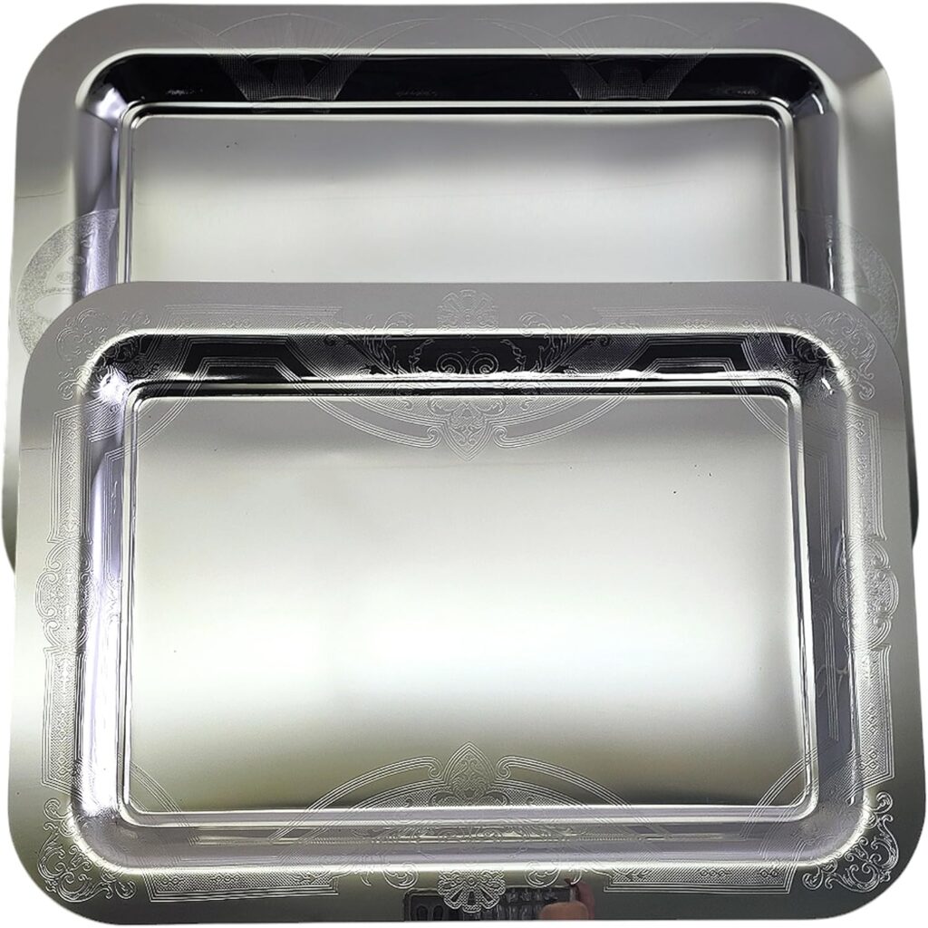(Pack of 2) 17.1 inch x 12.4 inch Oblong Chrome Plated Serving Tray Stylish in Different Pattern Design Floral Engraved Edge Decorative Party Wedding Dessert Platter Plate NC-033