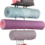 VINAEMO Yoga Mat Holder Accessories Wall Mount Organizer Storage Decor Foam Roller and Towel Storage Rack with 4 Hooks and Wooden Shelves Yoga Mats Rack Resistance Bands for Home Gym School Office