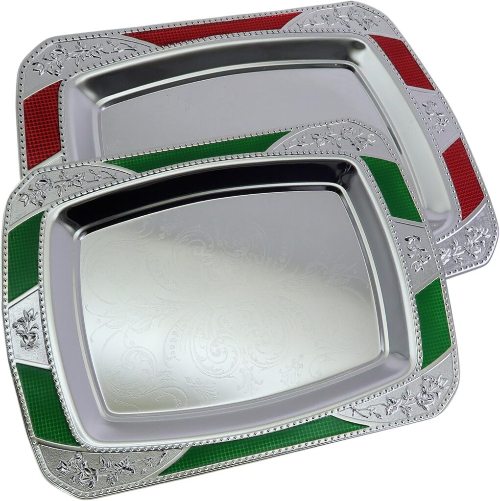 (Pack of 2) 17 inch x 12.4 inch Oblong Chrome Plated Serving Tray with Handles Stylish Design Floral Engraved Green Red Edge Decorative Party Dessert Buffet Wine Platter Plate NC-134