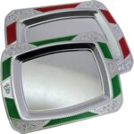 (Pack of 2) 17 inch x 12.4 inch Oblong Chrome Plated Serving Tray with Handles Stylish Design Floral Engraved Green Red Edge Decorative Party Dessert Buffet Wine Platter Plate NC-134