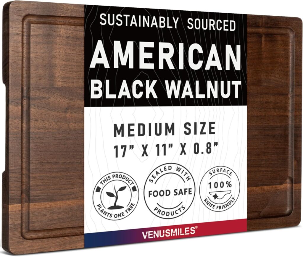 American Black Walnut Cutting Board for Kitchen (17”x11”x0.8”) Pre-Oiled Wooden Chopping Board, Walnut Wood Grain Reversible Butcher Block with Juice Groove & Handlers