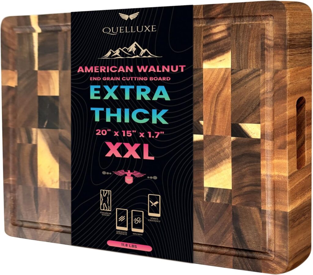 (1.7″ Extra Thick & Large) 20″x15″ American Black Walnut Wood End Grain Cutting Board for Kitchen with Juice Groove, Inner Handles, Heavy-Duty Butcher Block, Wooden Chopping Board, Charcuterie Boards
