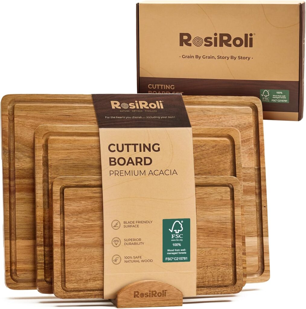 Acacia Wood Cutting Board for Kitchen, 3 Set with Holder – FSC Certified Large Wood Charcuterie Cheese Board with Handles and Juice Grooves, Wooden Chopping Block, Ideal Gift Set of 3 (S/M/L)