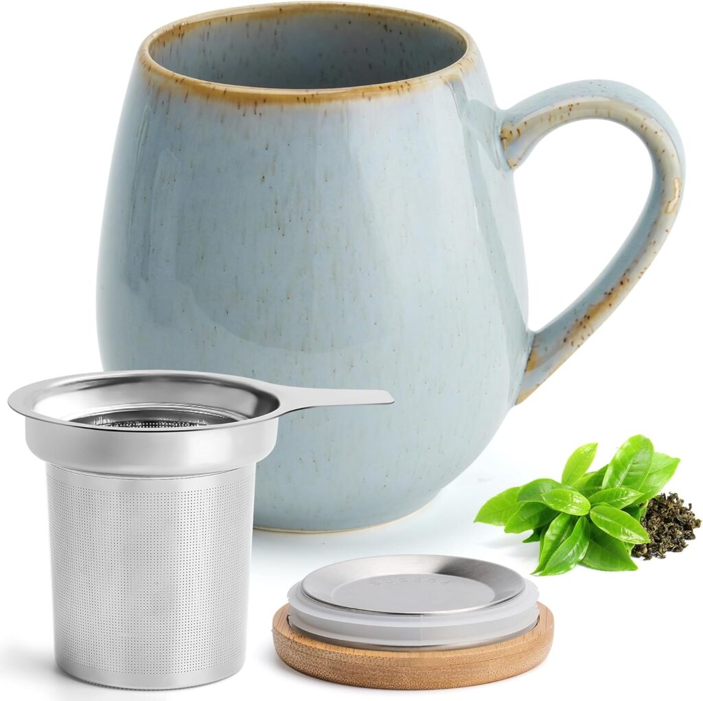 Large Tea Cup with Infuser and Lid – 19 oz – Steeping Teacup – Tea Steeper Cup with Handle – Loose Leaf Tea Cup – Tea Infuser Mug in Stone Grey