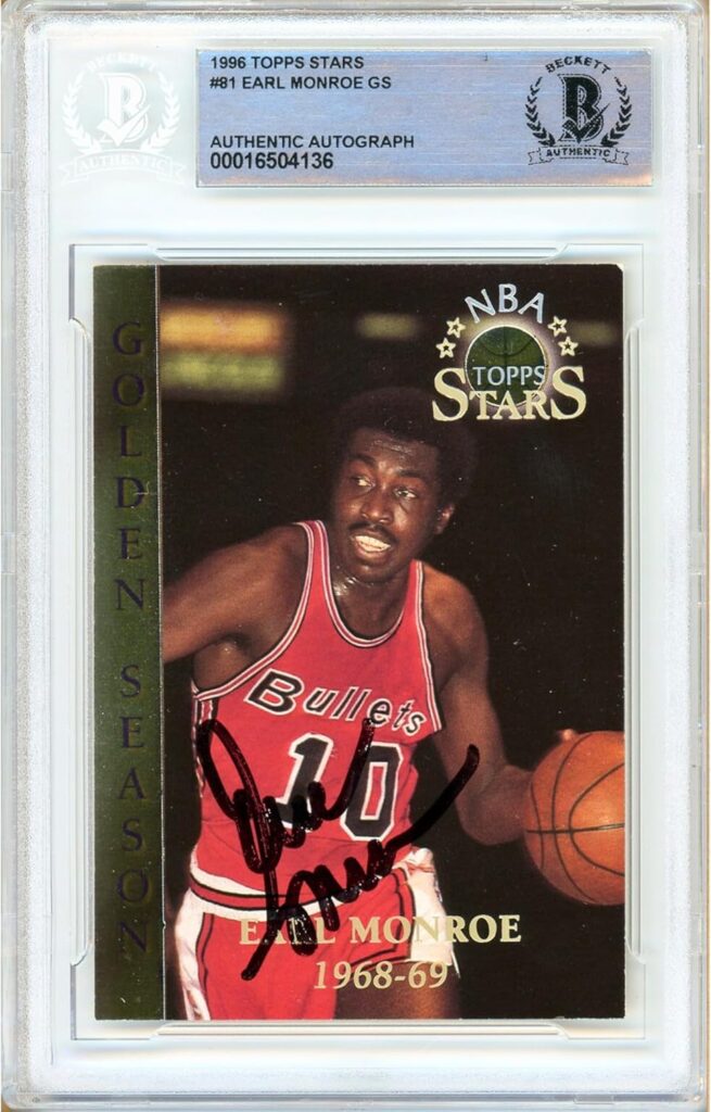 Earl Monroe Signed Basketball Card, 1996 Topps Stars #81, Beckett Authentic Autograph Slab, Washington Bullets Autographed Memorabilia