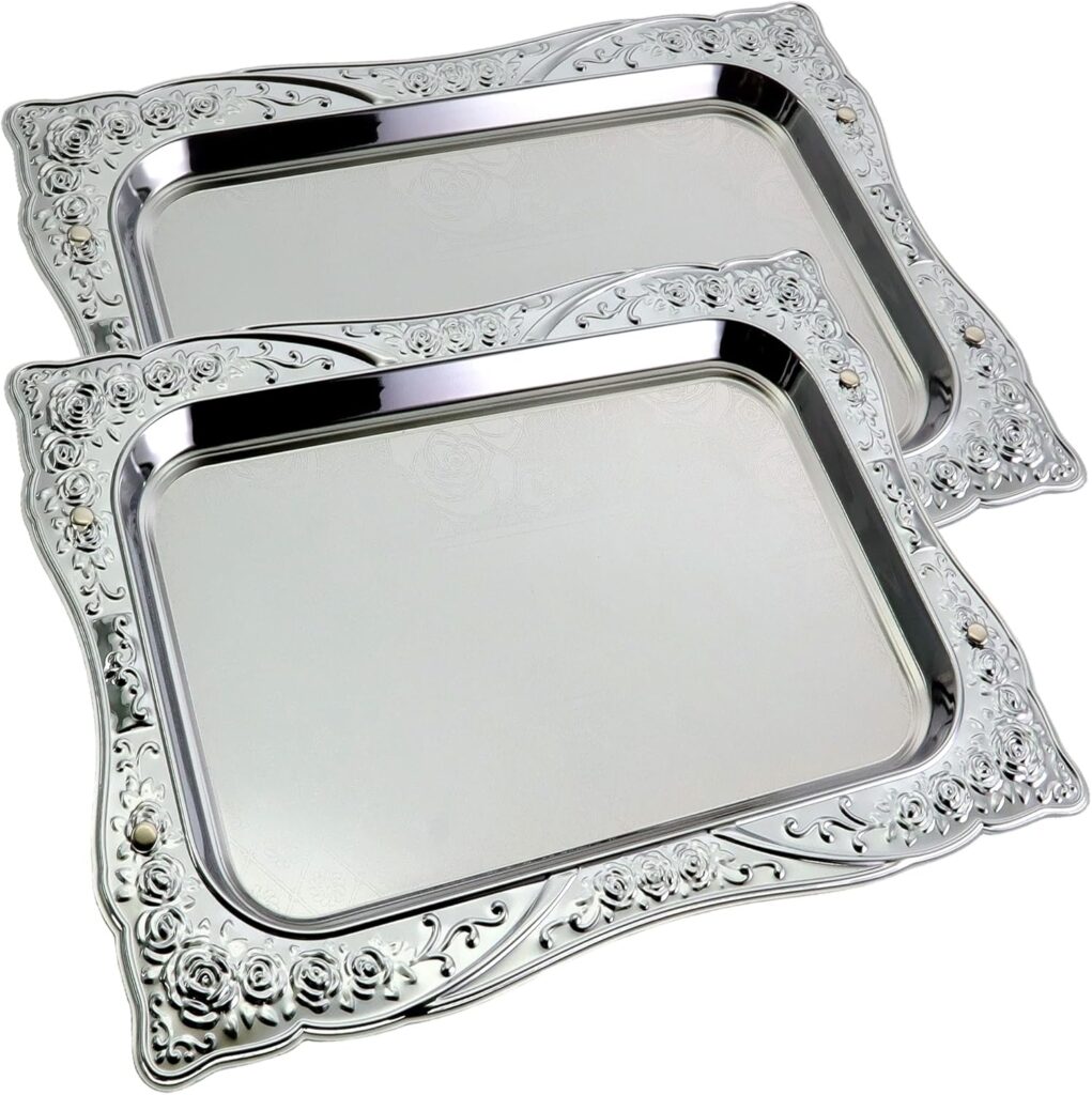 (Pack of 2) 14.2 inch x 10.2 inch Rectangular Chrome Plated Silver Serving Tray Stylish Floral Engraved Decorative Party Wedding Dessert Buffet Decor Platter Plate NC-244