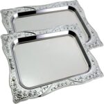 (Pack of 2) 14.2 inch x 10.2 inch Rectangular Chrome Plated Silver Serving Tray Stylish Floral Engraved Decorative Party Wedding Dessert Buffet Decor Platter Plate NC-244