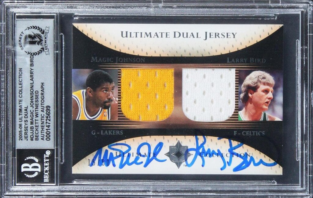 Magic Johnson & Larry Bird Signed 2005 Ultimate Patches DPJB 15/50 Card BAS Slab – Basketball Autographed Cards