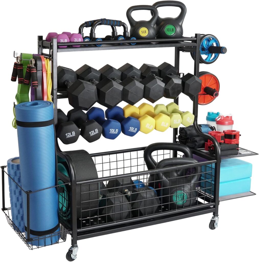 STUFFSTASH Adjustable Dumbbell Rack for Home Gym – Heavy Duty Weight Rack with Kettlebell Shelf, Yoga Mat Holder & Wheels – 700 LB Capacity Gym Equipment Storage Organizer