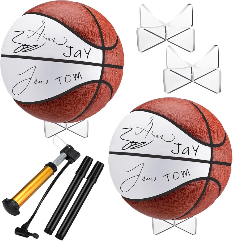 Liliful 2 Pcs Autograph Football Basketball Blank Official Size with 2 Stand 2 Signature Pen 1 Pump for Fantasy Trophy Anniversary Birthday Graduation