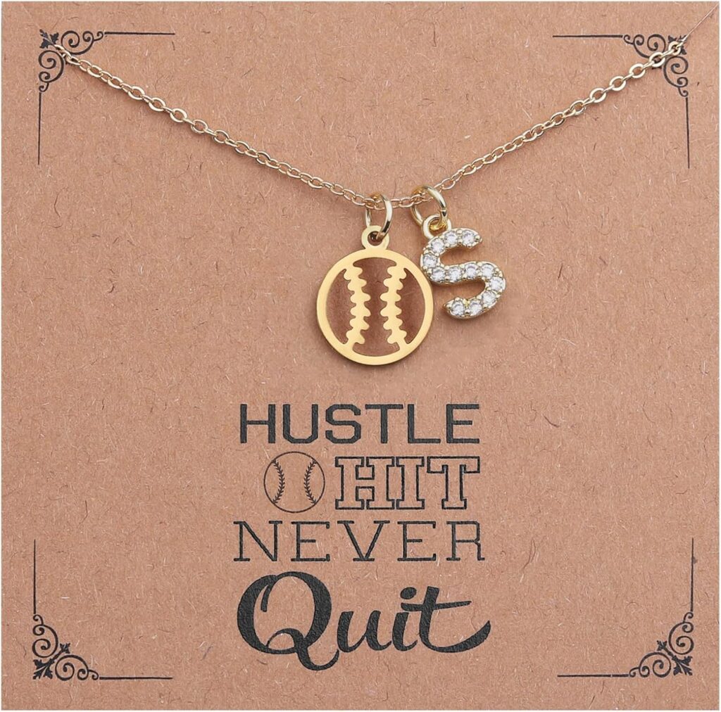 Softball Necklace for Teen Girls Personalized CZ Initial A-Z Sports Charm Necklace Inspirational Softball Gifts for Team Coaches Players