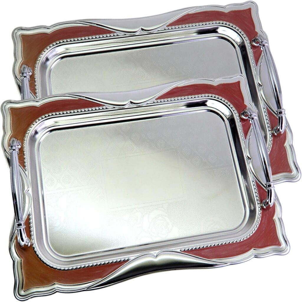 (Pack of 2) 14.2 inch x 10.2 inch Rectangular Floral Shape Antique Decorative Style Chrome Plated Silver Serving Tray with Handles Floral Engraved Red Edge Party Platter Plate NC-205
