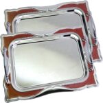 (Pack of 2) 14.2 inch x 10.2 inch Rectangular Floral Shape Antique Decorative Style Chrome Plated Silver Serving Tray with Handles Floral Engraved Red Edge Party Platter Plate NC-205