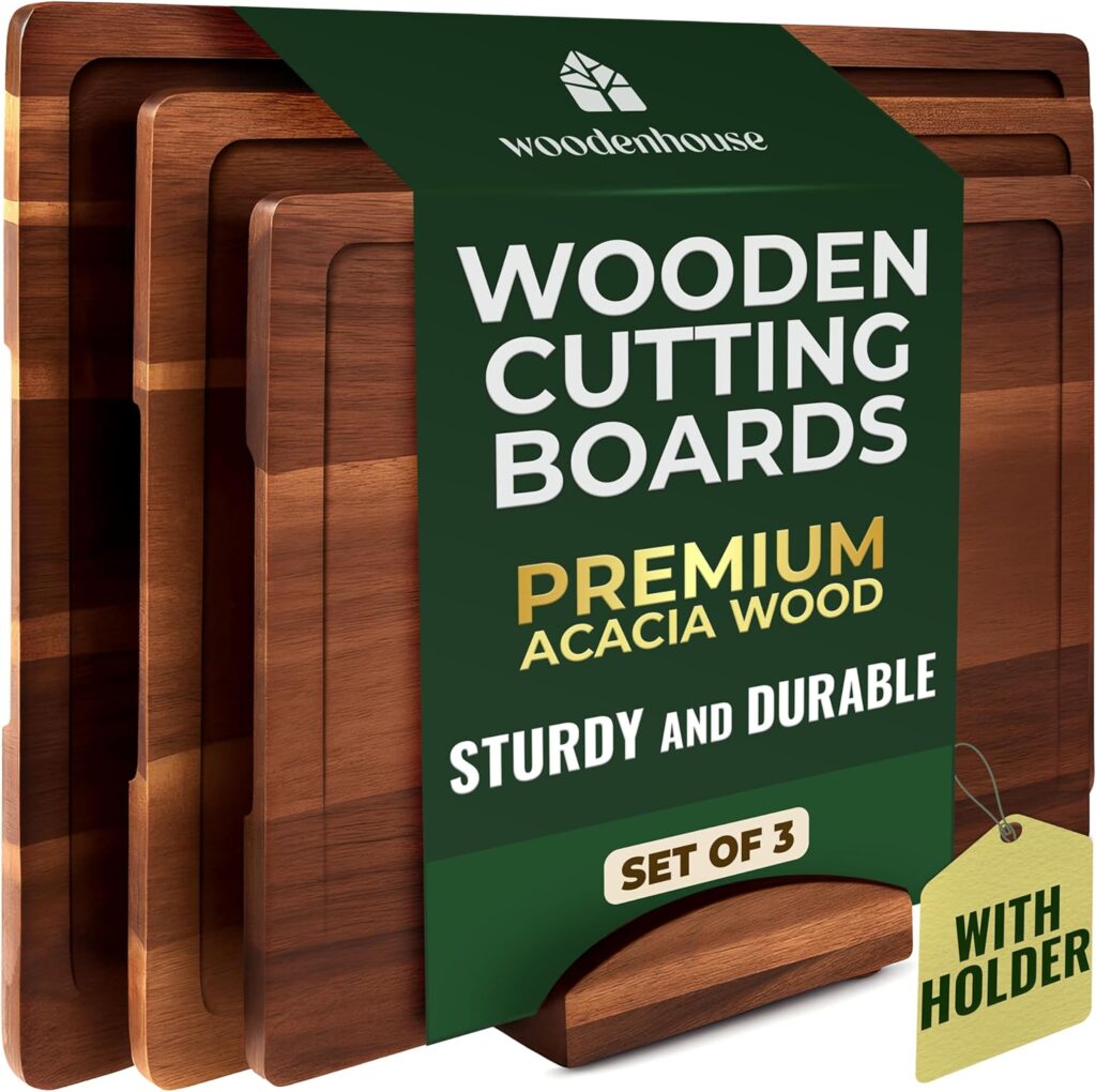 Acacia Wood Cutting Board Set of 3 with Holder, Juice Grooves & Built-in Handles – Durable, Wooden Cutting Boards for Kitchen, Perfect for Chopping, Food Prep and Serving as a Charcuterie
