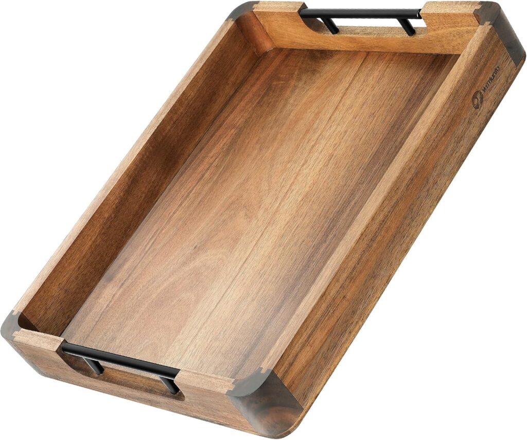 Wood Serving Tray with Handles, 17″x13″ Large Decorative Ottoman Tray for Coffee Table, Walnut and Acacia Wooden Serving Trays for Party, Home Decor Rectangular Platters with 3 Silicone Mats