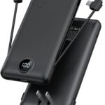 Portable Charger,Power Bank Built-in Cables and AC Wall Plug,VRURC USB C Portable Bank 10000mAh,Travel Essentials Phone Charger Compact Lightweight External Battery Pack for Smart Phones,Tablets-Black