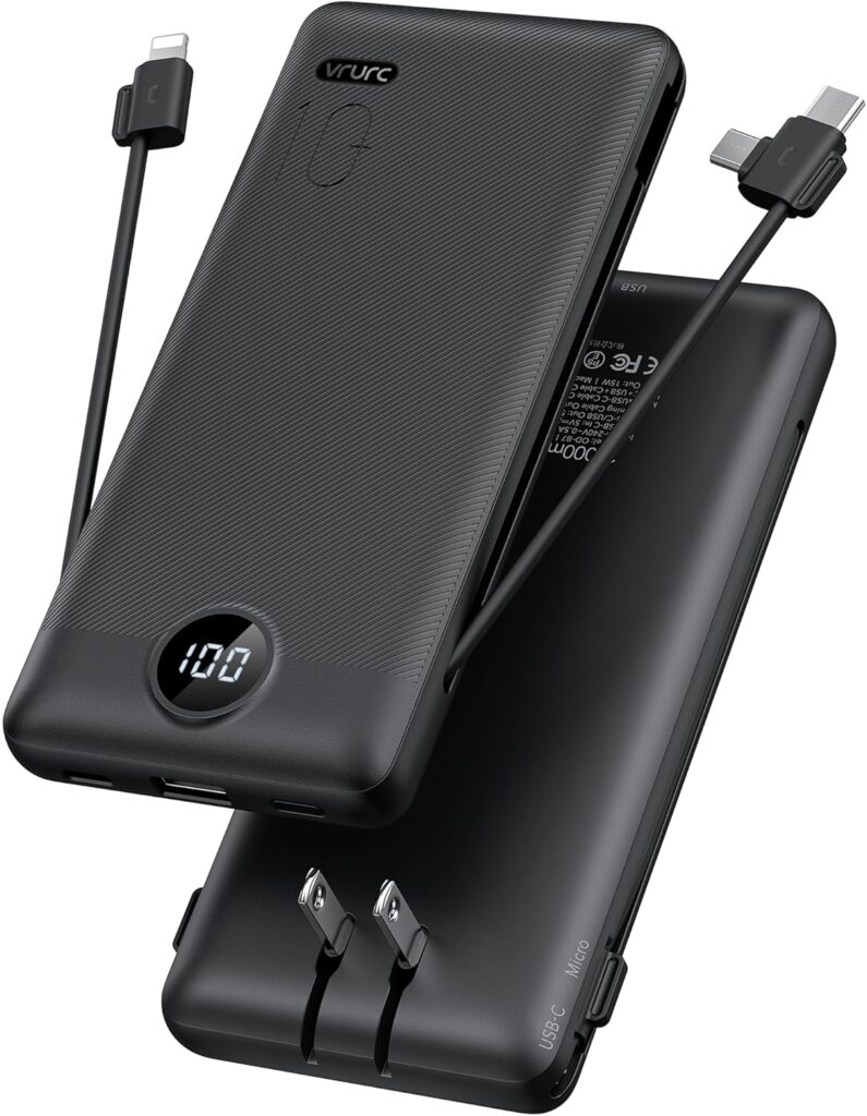 Portable Charger,Power Bank Built-in Cables and AC Wall Plug,VRURC USB C Portable Bank 10000mAh,Travel Essentials Phone Charger Compact Lightweight External Battery Pack for Smart Phones,Tablets-Black