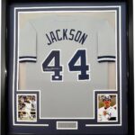 Framed Autographed/Signed Reggie Jackson 33×42 New York Grey Baseball Jersey JSA COA