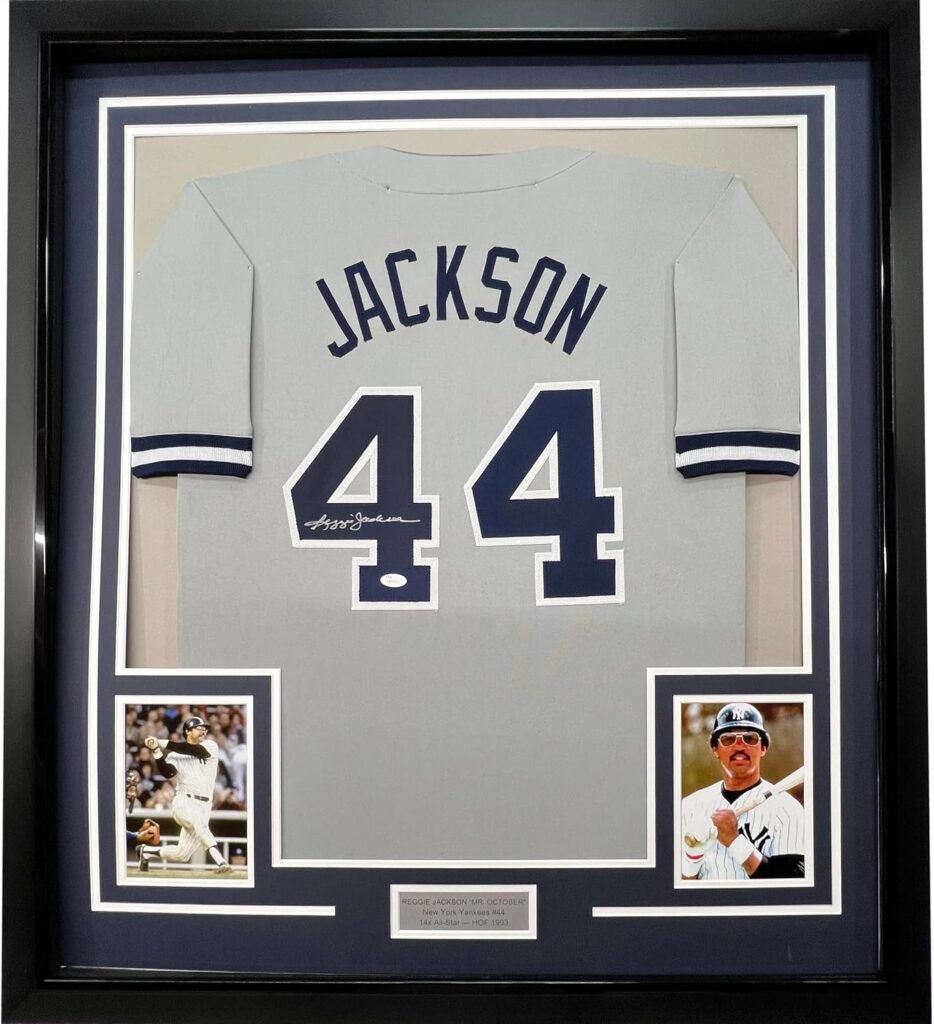 Framed Autographed/Signed Reggie Jackson 33×42 New York Grey Baseball Jersey JSA COA