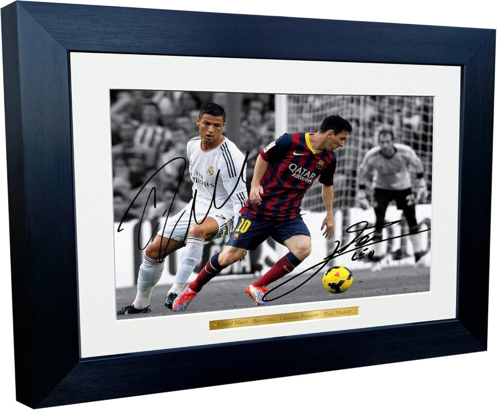 Signed 12×8 Black Soccer Lional Messi Barcelona Cristiano Ronaldo Real Madrid Autographed Photo Photograph Football Picture Frame Gift A4