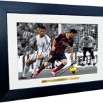 Signed 12×8 Black Soccer Lional Messi Barcelona Cristiano Ronaldo Real Madrid Autographed Photo Photograph Football Picture Frame Gift A4