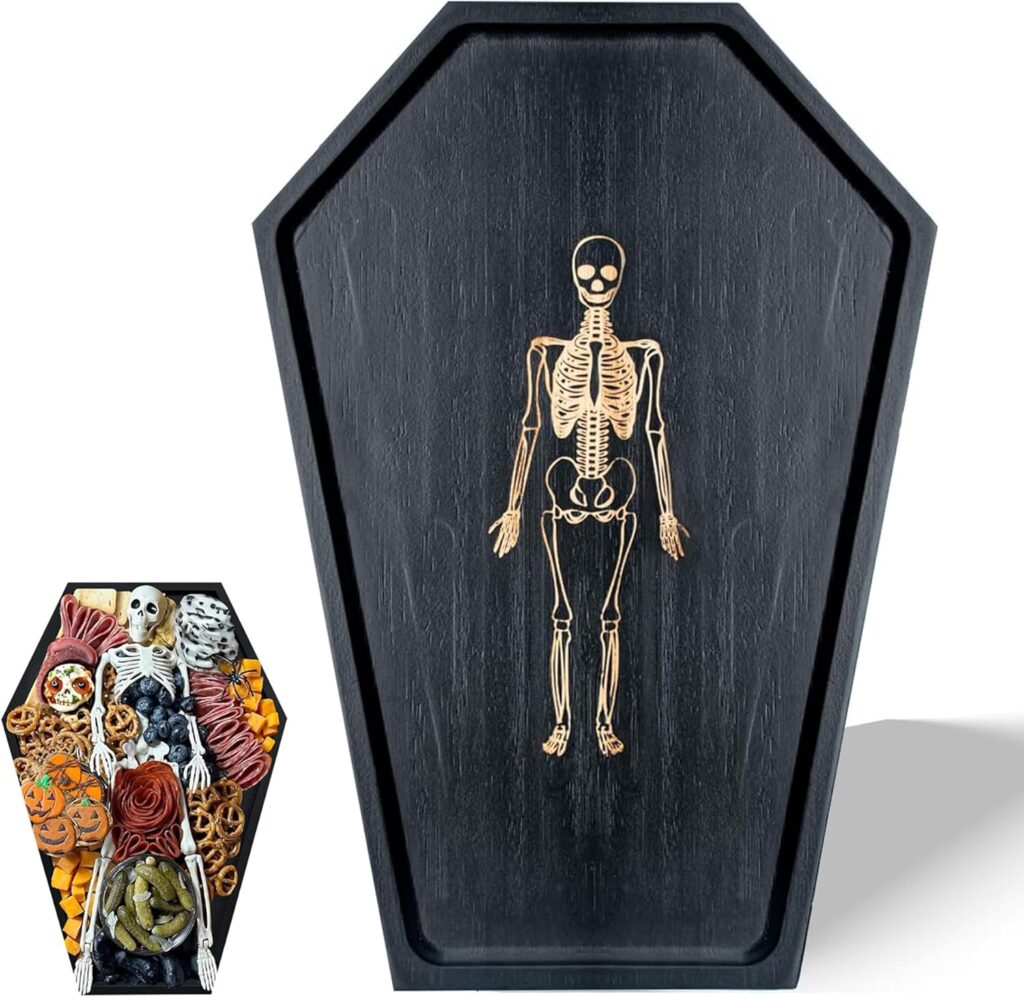 Halloween Coffin Charcuterie Boards Engraved Gold Skeleton for Party Coffin Charcuterie Board Gothic Serving Tray with Skeleton Design for Halloween Party