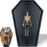 Halloween Coffin Charcuterie Boards Engraved Gold Skeleton for Party Coffin Charcuterie Board Gothic Serving Tray with Skeleton Design for Halloween Party